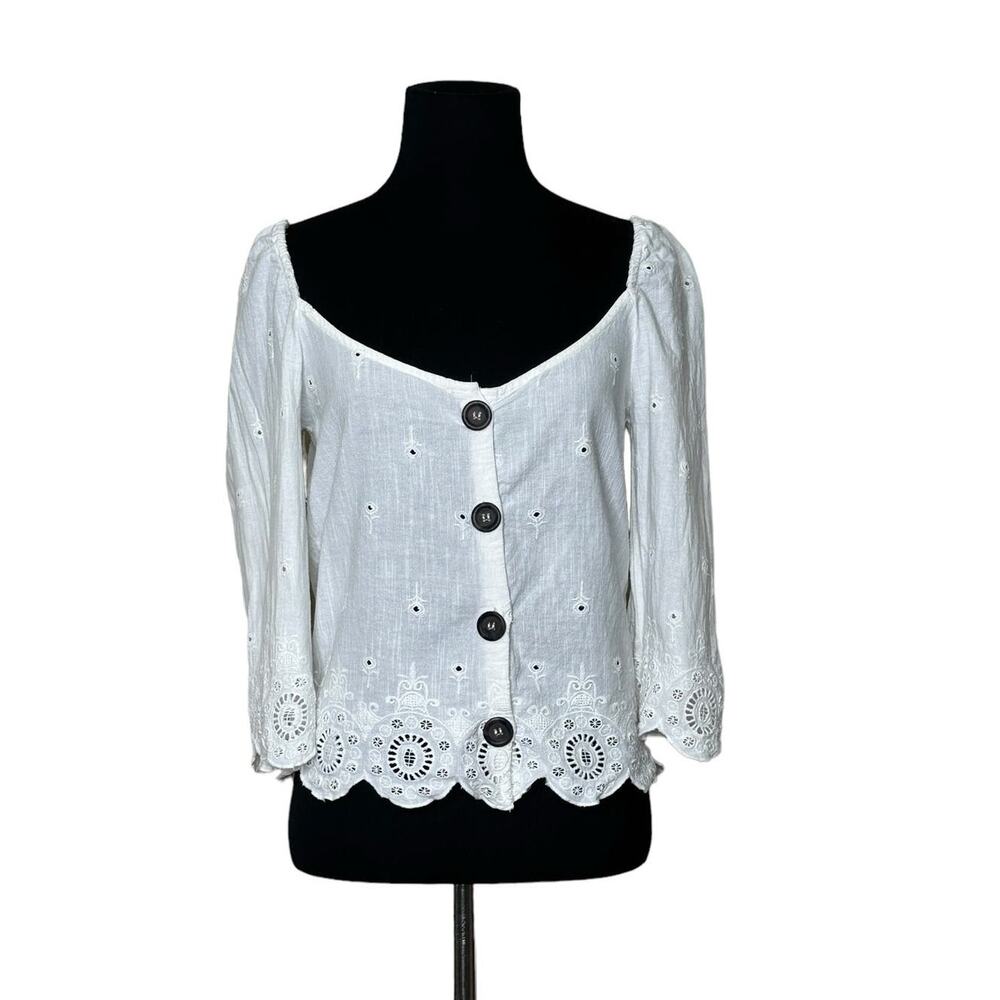 Zara white eyelet off shoulder 3/4 sleeves button blouse size XS